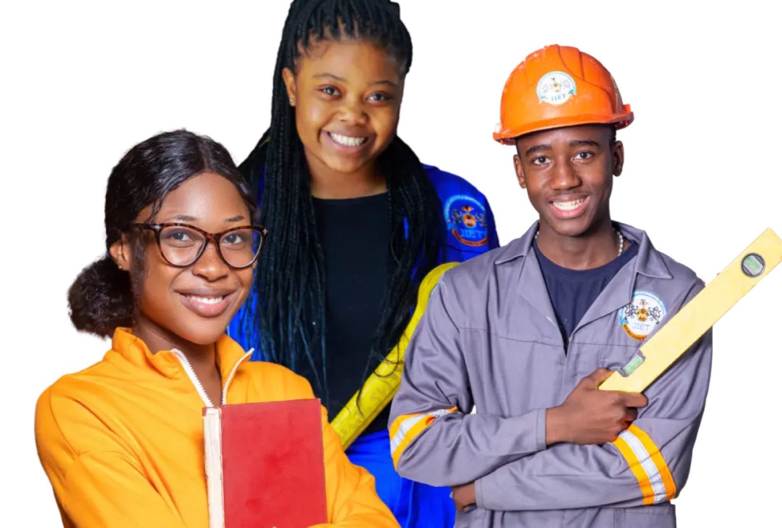 Three JTVC learners — two with study files and one in overalls and a hard hat holding a spirit level